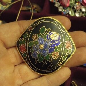 Cloisonne Floral Brooch with Gold Accents, Larger Size Pin, EUC